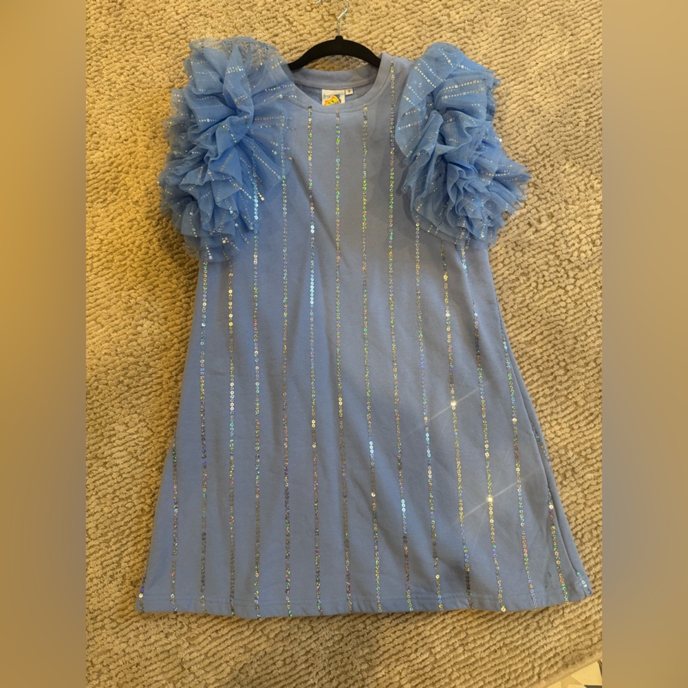 QUEEN OF SPARKLES Blue Mini Dress with Puffy Sleeve Detail